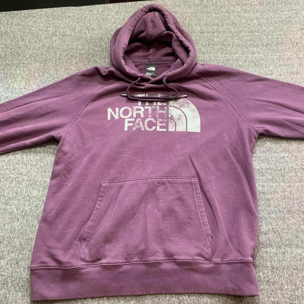 The North Face Pullover Hoodie Womens Large Purple White Faded Logo Spellout